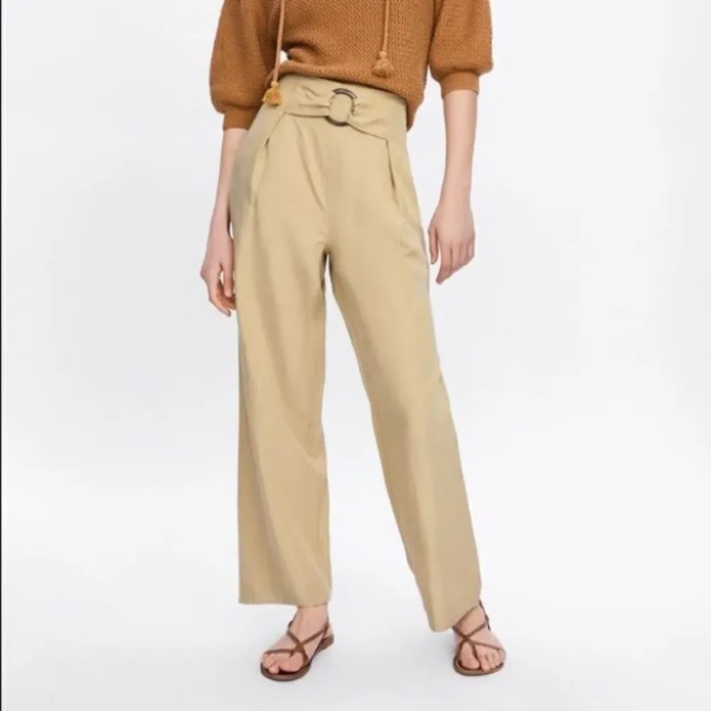 ZARA High Waisted Linen Wide Leg Pants Camel Tan M